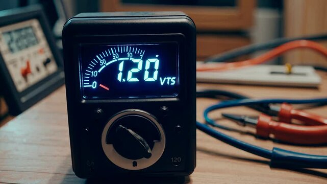 Close-up shot of a vintage voltmeter on a wooden table, with a shallow depth of field, creating a nostalgic, cinematic video feel.
