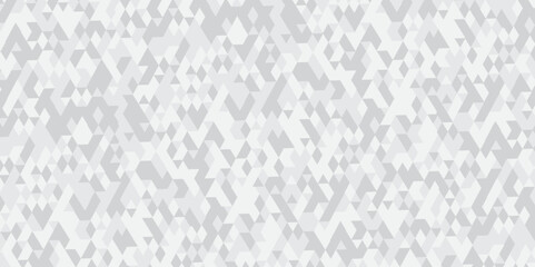 Geometric white and gray background seamless mosaic and low polygon triangle texture wallpaper. Triangle shape retro wall grid pattern geometric ornament tile vector square element design	
