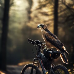 Eagle perched on bicycle in serene forest setting