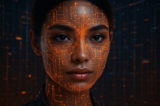 Futuristic woman with glowing digital circuit patterns on her face, representing artificial intelligence, human computer interface, and advanced cybernetic technology

 - Powered by Adobe