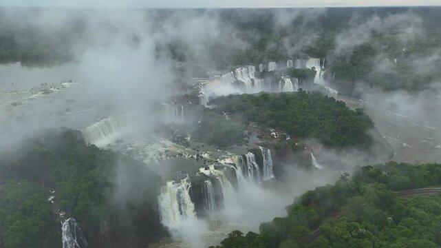 Aerial view of Iguazu Falls shrouded in mist on the Brazil-Argentina border