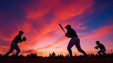 Obraz premium Sunset Baseball Silhouettes Players at Bat and in the Field