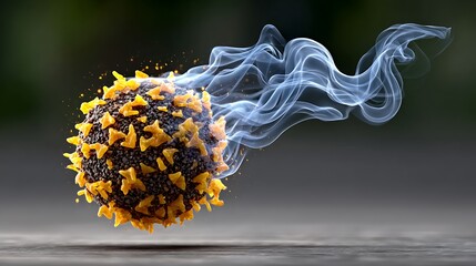 A dynamic cloud of golden glitter swirling in suspended animation, forming a soft orb of particles over a subtle smoky backdrop