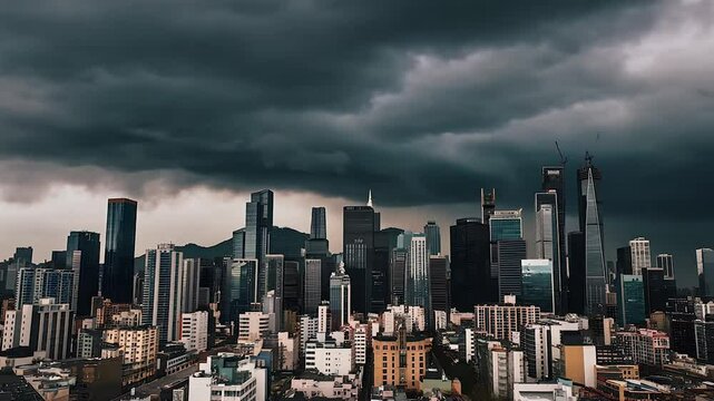 Urban skyline with skyscrapers under dark stormy clouds at evening