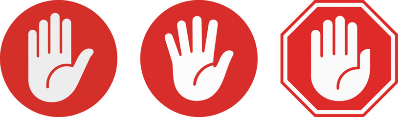 Stop Sign with White Hand on Red Circle &ndash; Bold Vector Icon for Warning, Caution, and Restricted Area Design

