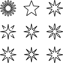Fototapeta premium Set of Star Flat Line Icons – Starry Night, Falling Star, Firework, Twinkle, Glow, Glitter, Burst Vector Illustrations for Glossy Material Property