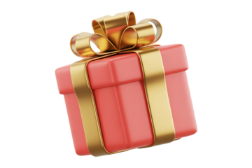 A pink present box with a golden ribbon and bow floating on a white background in a rendered image