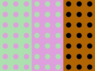 Abstract seamless pattern with three vertical stripes of pastel polka dots in pink, green, and brown, perfect for various design applications.