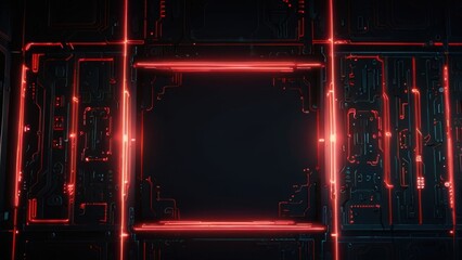 High Tech Neon Anime Background with Illuminated Red Circuits and Light Flares
