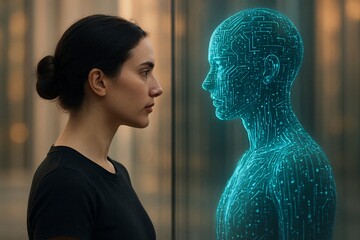 Futuristic portrait of a woman facing a glowing humanoid digital figure made of circuits, symbolizing the interface between human consciousness and artificial intelligence

