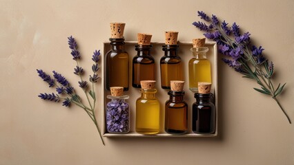 Natural Wellness Flat Lay of Essential Oils, Lavender, and Rustic Amber Bottles with Corks

