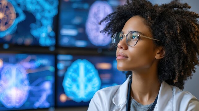 Thoughtful Female Neuroscientist Studying Brain Scans on Multiple Monitors