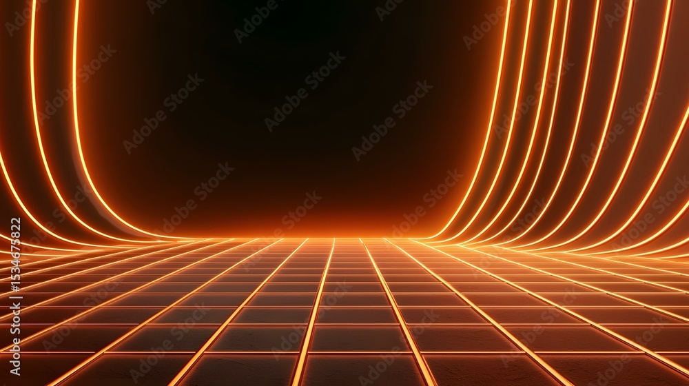 Poster a dark room features a tiled floor and curved walls lined with bright orange neon lights, creating a