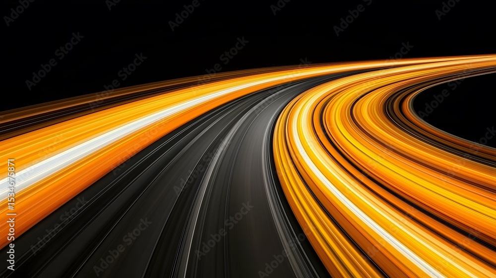 Poster the image contains an abstract representation of a highway curve at night, depicted with long, glowi