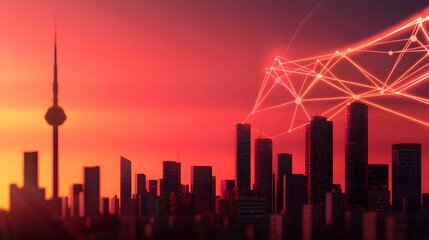 Obraz premium A stylized cityscape at sunset, featuring a prominent tower and a network of glowing red lines connecting buildings, suggesting a concept of interconnectedness and urban technology.