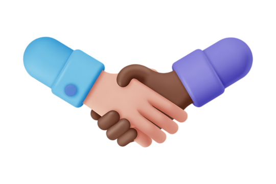 A cartoon depiction of a handshake between two individuals with different skin tones on white background