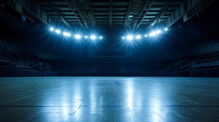 Empty basketball arena, stadium, sports ground with flashlights and fan sits