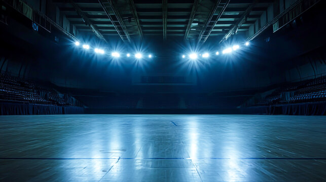 Empty basketball arena, stadium, sports ground with flashlights and fan sits
