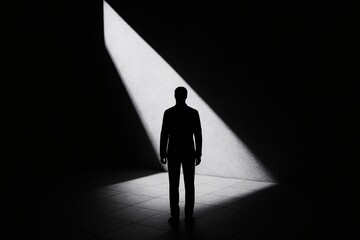 Lone man in formal attire standing in dramatic spotlight, casting deep shadow in dark room, symbolizing mystery, isolation, power, and introspection in cinematic black and white.

