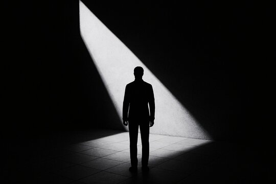 Lone man in formal attire standing in dramatic spotlight, casting deep shadow in dark room, symbolizing mystery, isolation, power, and introspection in cinematic black and white.

 - Powered by Adobe