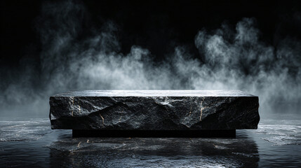 Abstract minimal concept. Dark background with natural granite stones podium on water and smoke surrounding. Mock up template for product presentation. 