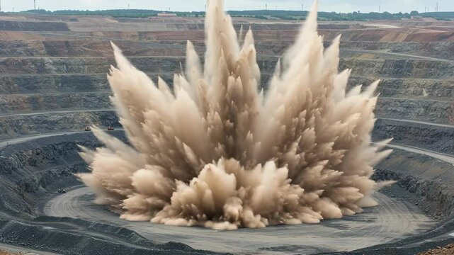 Massive Explosive Blast in Open Pit Quarry Creating Dust Cloud Effect
