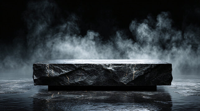 Fototapeta Abstract minimal concept. Dark background with natural granite stones podium on water and smoke surrounding. Mock up template for product presentation. 