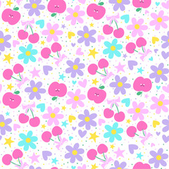 Playful bright fruits, apples, cherry, flowers and bows seamless pattern textile print