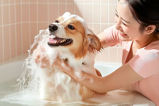 Happy dog being bathed by smiling woman in pink bathroom
