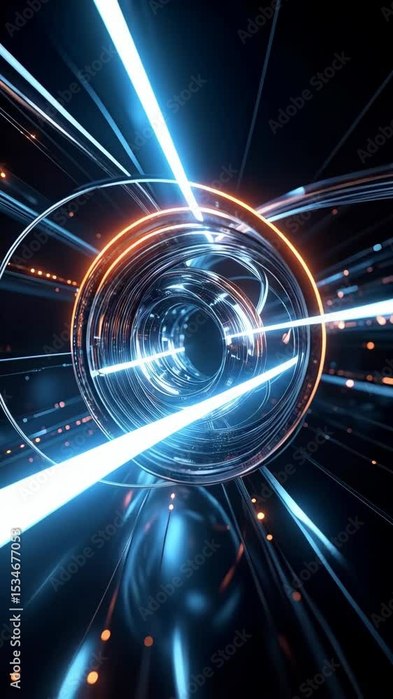 Poster abstract futuristic animation with looping rings and shining light beams, moving through digital cyb