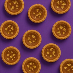 Fototapeta premium Mini pumpkin pies topped with gold leaf arranged in a diagonal pattern on a vibrant purple background.
