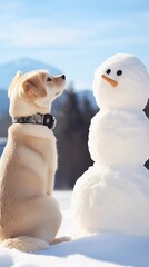 Dog sitting in snow facing snowman on sunny day
