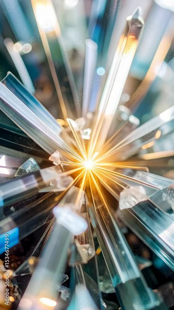 Poster abstract crystalline formation with sharp shards and a central burst of light, creating a futuristic
