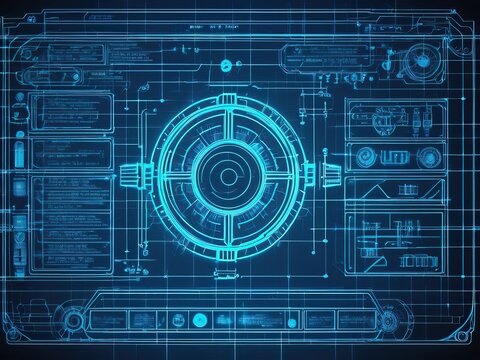 Futuristic blue digital interface with HUD elements and technical diagrams