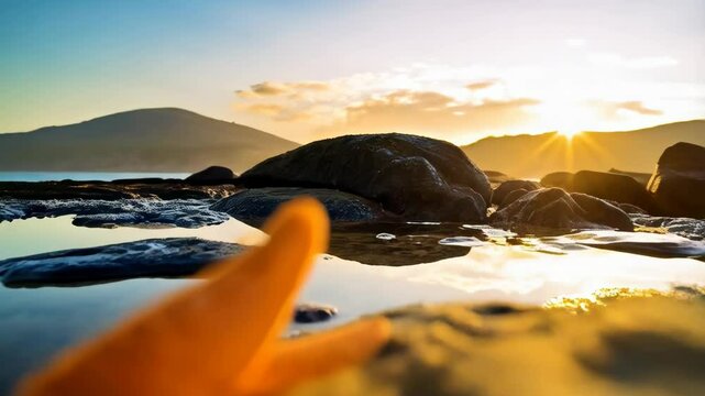 Seastar resting on a rock by the ocean at sunset, the sky is clear, water is calm, and sun casts a glow.