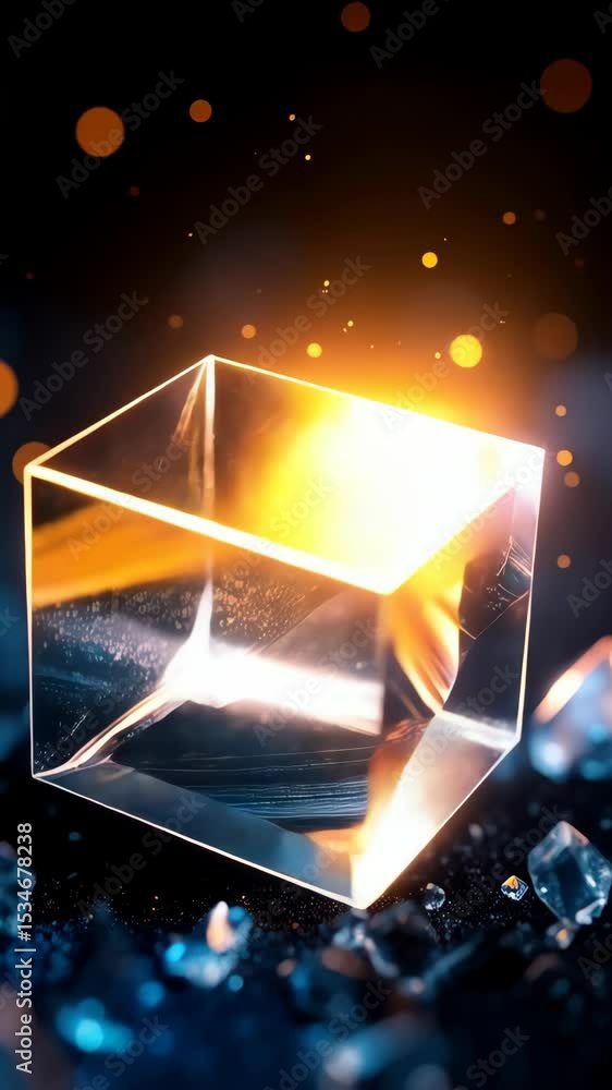 Poster illuminated transparent cube floating above reflective, glittering surface and small, broken cube fr