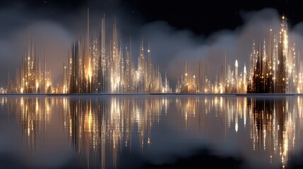Imagination concept Futuristic skyline reflected in water under a starry night sky.