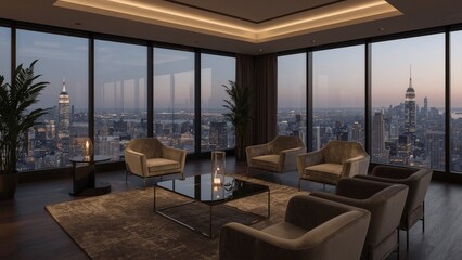Fototapeta premium Modern lounge interior design with armchairs and coffee tables in a high-rise building with panoramic city view and large windows. 3D Rendering