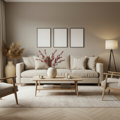 Cozy Neutral Living Room with Set of Three Vertical Frame Mockups