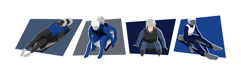 Set of luge athlete in action. Extreme sport, race. Flat vector cartoon illustration.