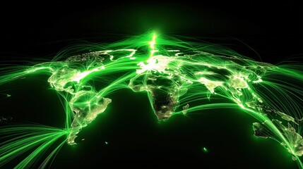 Obraz premium Global Network Connections A Glowing Green Earth Map Illustrating Worldwide Interconnectivity