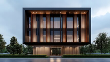 Fototapeta premium Modern Architectural Design Sleek Office Building Exterior at Dusk