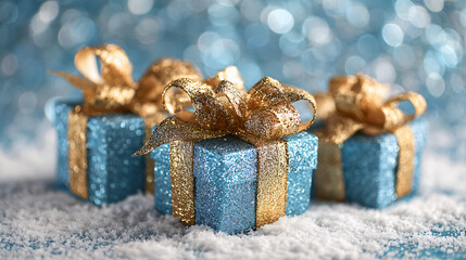 Blue Christmas gift boxes with gold bow on blue defocused holiday background	
