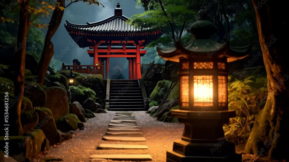 Poster red torii gate and illuminated lanterns in a misty forest garden with stone path and mossy rocks lea