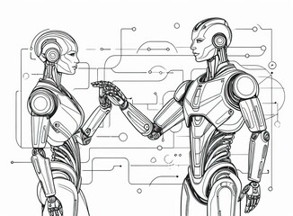 Two humanoid robots touching hands in a futuristic connection of AI and love