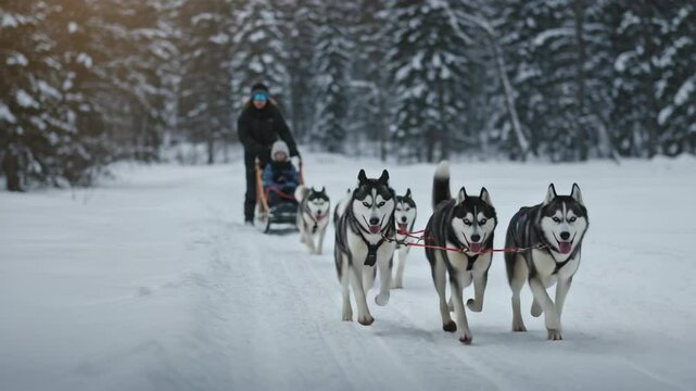 Winter Dog Sledding Adventure in Snowy Forest Landscape