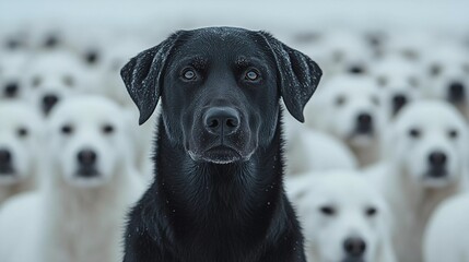 Black Labrador Standing Out among White Dogs in Snow
