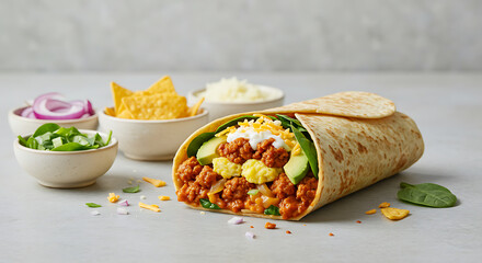 Vegan Breakfast Burrito | Plant-based Wrap Filled with Abbot's Chorizo, Just Egg, Wayfare Nacho Cheddar, Avocado, Spinach, and Onion