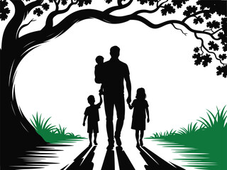 Parents walking with three children outdoors family vector silhouette on white background