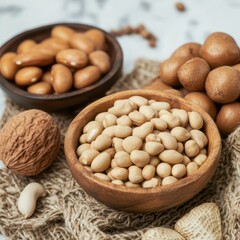 Various types of nuts displayed on a woven surface